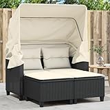 Gecheer Gartensofa mit Dach, Hockern, 2 Sitzer, Gartenlounge, Sonnenliege, Gartenliege, Gartenmöbel, Terrassenmöbel, Schwarz Poly Rattan