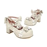 NVNVNMM Damenschuhe Cross Strap Women High Heels Pumps Party Wedding Cosplay Ruffles Bow Princess(Color:Beige,Size:7)