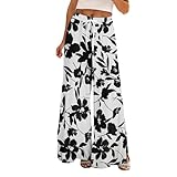LinRim Sommerhose Damen Lang - Strandhose Yogahose Casual Wide Leg Pants Elegant Geschnitten Weites Bein Gerade Stoffhose Bequeme Baggy High Waist Freizeithose Boho Blume Jogginghose