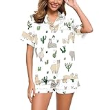 Schlafanzug Mädchen, Damen Pyjama Sommer, Pyjama-Set Kurz Zweiteiler Nachtwäsche mit Knöpfen Umlegekragen Homewear Beiläufig Leichter Kurzarm T Shirt und Schlafshort Morgenmantel Gedruckter Sommer