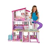 Barbie Puppenhaus, Traumvilla Puppe, komplett möbliert, 3 stöckig, 8 Zimmer inkl. Pool, Rutsche und Aufzug, 70 Accessoires, Spielzeug ab 3 Jahre, GNH53