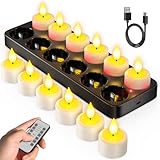 SoulBay 12 Stück Wiederaufladbare Teelichter Flackernd mit Fernbedienung und Timerfunktion, Aufladbare LED Kerzen mit Ladestation und USB-Kabel für Party Zimmer Wohnzimmer Halloween Weihnachten Deko