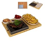 Lavastein Steakbrett, Servierplatte, Bambusbrett mit Hot Stone Grill, Steak Grillplatte, Steinplatte, Tischgrill Grill Set
