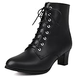 COOLCEPT Damen Vintage Viktorianisch Stiefel Schnüren Blockabsatz Ankle Stiefel 70s Steampunk Stiefeletten Reißverschluss Black Große 38
