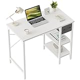 CubiCubi Schreibtisch mit Schubladen und 2 Regale, 90×48×75cm Kleiner Computertisch, Bürotisch, für Arbeitszimmer, Schlafzimmer, Metallgestell, Weiß