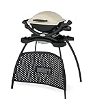 Weber Q1000 Gasgrill mit Stand, 43 x 32cm Grillfäche, portabler BBQ Grill, 1 Brenner, 2-geteilter porzellanemaillierter Guss-Grillrost, Aluminiumguss Deckel & Gehäuse - Titanium (50060379)