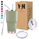 Y·J&H 30oz (850ml) Doppelwandig Vakuum Isolierter Autobecher, Edelstahl Reiseflasche, Thermobecher Kaffee to Go mit 2 Spritzfestem Deckel 2 Strohhalm, Rohrbürste,BPA Free - Armee Grün