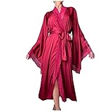 Bademantel Damen, Satin Kimono Morgenmantel Sommer Negligee Sexy Leicht Ice Silky Robe mit Besatz Seidiger Kimono-Manschetten-Federbesatz Langer Bademantel Nachtwäsche Hochzeit Braut Brautjungfern