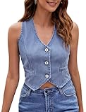 AGYMNX Damen Denim Weste V-Neck Sexy Ärmellose Knöpfe Jeans Weste Cropped Tops Denim Casual Jacken Y2K Sommer Streetwear Hellblau S