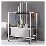 Kommerzieller Reinigungswerkzeugwagen mit beweglichem Besenmopphalter, Handkarren und Regenschirm-Aufbewahrungsständer, inklusive Armlehnen und Ablaufknopf, Silber, 47 x 100 x 98 cm (10 Fächer)