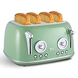 Wiltal Retro-Toaster mit 4 Scheiben, integriertem Brötchenaufsatz, Deckel, 1-6 Stufen Bräunung, Auftaufunktion und cremeweiße Krümelschublade