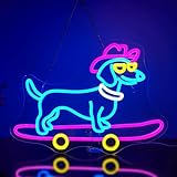 Looklight Skateboard-Hunde-Neonschild Dackel-Neonschilder LED-Schilder dimmbarem Schalter niedlicher Welpe mit Cowboyhut Neonlichtschilder für Schlafzimmer Tierhandlung Geschenke für Hundeliebhaber