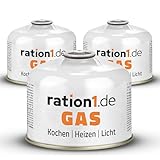 ration1 Gaskartuschen 3 x 230 g, EN 417 Schraubkartusche mit Ventil, Butan-Propan Gas Mischung, Ventilkartusche mit Schraubverschluss für Gaskocher, Campingkocher, bei Outdoor Camping und Notfall