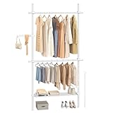 SONGMICS Teleskopstange Kleiderständer, 3-stufige Garderobe, höhen- und breitenverstellbar, offener Kleiderschrank mit 2 Kleiderstangen und abnehmbarer Ablage, Greifarm, mattweiß HSR136W01