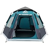 Hewolf Campingzelt für 2/3/4 Personen – sofortiges Pop-Up-Zelt mit 2 Türen, mit einfachem Aufbau, sechseckiges Kuppeldesign für Familie, Wandern und Reisen (blau)