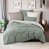 Pure Label Halbleinen Bettwäsche 135x200 cm mit Kissenbezug 80x80 cm in grün - Bügelfreie Bettwäsche Sets 135 x 200 aus belgischem Leinen und feinster Baumwolle