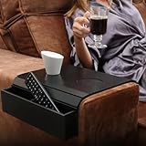 YUGN Sofatablett, Armlehne – Bambus Couch Ablage mit Getränkehalter & Organizer – Rutschfestes Sofa, Tablett für Fernbedienung & Zubehör – Schwarz, 32 x 50 cm