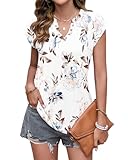 PLOKNRD T-Shirt Damen Sommer V-Ausschnitt Tops Kurzarm Blusen Locker Oberteile Freizeit und Elegant(Weiße Blumen,L)