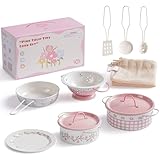 ROBOTIME Metallische Spiel-Kochtöpfe und Pfannen für Kinder, Blech-Kochutensilien im Pretend-Spiel, Blumen-SpielKüchenzubehör mit Netzbeutel, für Kinder & Kleinkinder ab 3 Jahren (Rosa)