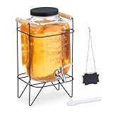 Relaxdays Getränkespender mit Ständer, Limobehälter 5L, Edelstahl Zapfhahn & Deckel, Wasserspender, Glas, transparent