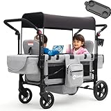 Sekey Bollerwagen Kinder Zwillingsmodus, Bollerwagen Faltbar mit Dach 2 Kinder, Duo Schiebegriff Kinderwagen Doppelsitz mit 2 integrierten 5-Punkt-Gurtsystem, Zwillingskinderwagen (Grau, Premium)