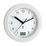 TFA Dostmann Analoge Badezimmer Uhr Funk, 60.3501, mit digitaler Temperaturanzeige, feuchtigkeitsgeschützt, ohne Bohren, 4 Saugnäpfe, Funkuhr, inkl Thermometer, 17 x 5,9 cm, Silber