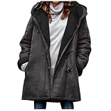 EMATOP Winterjacke Damen Warm Gefüttert Jacke Winter Langarm Fleecejacke mit Kapuze Plüschjacke Kuschelig Lang Wintermantel Baumwolle Einfarbig Teddyfleece Mantel Casual Lose Wollmantel