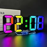 Seutgjie 3D LED Digitalwecker, Tischuhr/Wanduhr Digital Uhr 14 RGB Farbwechsel 12/24 Stunden 3 Helligkeitsanpassungen Nachthelligkeitsmodus Schlummermodus mit Fernbedienung Schwarz