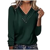 Pullover Damen Sale Bluse Women Elegant Solid V-Ausschnitt Langarm Casual Button Top Langarm Shirt Elegante Oberteile Einfarbige Vereinfachtes Design für Berufsbekleidung Langarmshirt