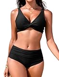 FemiChic Damen Push Up Bikini Set Sexy V Ausschnitt Twist Oberteil Bauchweg Badeanzug mit Verstellbaren Trägern High Waist Hose Bademode für Strand & Pool(Schwarz,M)
