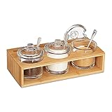 Relaxdays Gewürzgläser 3er Set, mit Bambus Halter, Glas Zuckerdose mit Löffel & Deckel, Salzbehälter, natur/transparent, 10032147, 11 x 27 x 13 cm