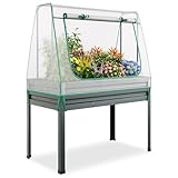 HOMASIS 3 in 1 Hochbeet mit Gewächshaus & Spalier, Pflanzkübel mit Rankgitter, Pflanzkasten aus Metall mit PE-Abdeckung, Frühbeet mit Rolltür & Fenster, Blumenkasten für Garten Balkon, 115x60x150cm