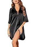 Ekouaer Nachthemd Satin Damen Nachtkleid Kurz 3/4 Ärmeln Sleepwear mit Tiefer V-Ausschnitt Sleepshirt Negligee Nachtwäsche Schwarz M