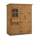 M MCombo Gartenschrank Geräteschuppen Holz Wetterfest, Gartenhaus Outdoor Wasserdicht Begehbar für Außenbereich Balkon Terrasse, Aufbewahrungsschrank mit 3 Regale 73×144×185 cm (Natur)