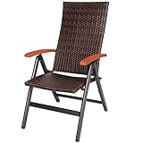 tectake® Alu Polyrattan Gartenstuhl, klappbarer Sessel mit 6-Fach Verstellbarer Rückenlehne, wetterfest, Aluminiumgestell, Campingstuhl mit Holzarmlehnen, Stuhl für Garten, Balkon, Terrasse - braun