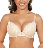 Lemorosy Damen Blumen Spitze BH mit Bügel Push Up V-Schnitt Große Größen Starker Halt Gepolstert Schalen Bequem Klassisch BH (Beige,85B)