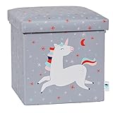 Love IT Store IT Sitzhocker mit Stauraum - Kiste mit Deckel aus Stoff - Verstärkt mit Holz - Belastbar bis 150 kg - Grau mit Einhorn - 35x35x35 cm