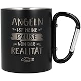 Spruchreif | Edelstahltasse mit Karabinerhaken Henkel mit Gravur Angeln ist meine Pause... in Schwarz Matt | Anglergeschenk | Lustige Geschenkideen für Angler