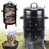 Holzkohle BBQ Fleisch Grill Raucher Box 40*84cm Geräucherter Grillofen Kochen Lebensmittel Eisen 2-Schicht Holzkohle BBQ Grill Raucher 3-in-1 Grill Stahlfass Schwar Parteien, Abendessen und Hochzeiten