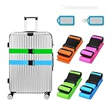 YORFULL Koffergurt 4 Stück, Kofferband Auffällig mit 2 Etiketten, Verstellbare Kofferband Gurt, Sicheres Gürtel-Zubehör-Set für Reisetasche, Mehrfarbige Luggage Strap, 180 cm Länge