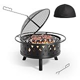 Xbro Feuerschale für den Garten, Ø 83 cm Mit Funkenschutz, Wasserfester Schutzhülle, Grillrost, Outdoor Heizung für Terrasse, Schwarz
