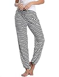 Nieery Pyjamahose Damen Baumwolle Schlafanzughose Lang Jogginghose Sporthose Sweatpants Freizeithose Hausanzug Nachtwäsche Schwarz-Streifen L