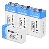 9V wiederaufladbare Lithium-Batterien, 1300mAh 6F22-Batterien mit hoher Kapazität für Rauchmelder, Metalldetektoren, Mikrofone und mehr（4 Pack ）