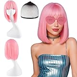 MUNSKT 4er Modische Pinke Bob Cut Kurze Perücke für Damen – Stilvolles, Lebendiges und Weiches Synthetisches Haar für den Alltag, Cosplay, Partys und Mode-Looks – Bequeme, Verstellbare Passform