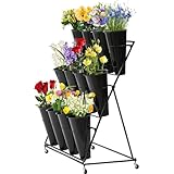 Blumenständer für draußen – Blumenständer mit 12 Eimern, 3-lagiger, robuster, beweglicher Pflanzenständer aus Metall mit Rädern und Eimer, Blumenwagen aus Schmiedeeisen mit Rädern, für Terrassenbele