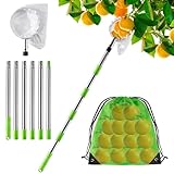 KOMABLEN 2.4M Obstpflücker mit Teleskopstiel, Apfelpflücker mit Edelstahl Teleskoppfahl und Baumwollbeutel, Obstsammler Pflückhilfe, Kirschpflücker für Birnen, Citrus, Orange