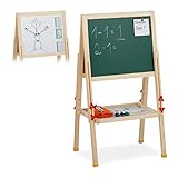 Relaxdays Standtafel Kinder, höhenverstellbar & magnetisch, Holz, Whiteboard & Kreidetafel, 81-104 x 45 x 42 cm, Natur