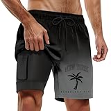 Badehose Herren 2 in 1 Shorts Herren Lang Schnelltrocknend Badeshorts mit Taschen Elastisch Schwimmhose Kompression Innenhose Strandhose Verstellbar Tunnelzug Jogginghose S-5XL (Schwarz, M)