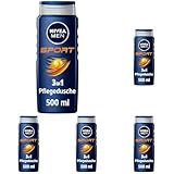 NIVEA MEN Sport Duschgel, Pflegedusche mit vitalisierendem Limonenduft und erfrischendem Schaum, Männer Duschgel mit Mineralien für Körper und Haar (500 ml) (Packung mit 5)