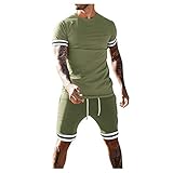 Minying Trainingsanzug für Herren, Sport, 2-teilig, gestreiftes T-Shirt, kurzärmlig, Jogging-Set für Herren, Revers, T-Shirt, Shorts, Trainingsanzug-Set, 07-grün, XL